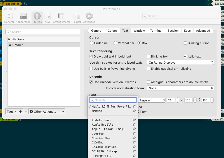 configure the development environment on Mac - set iterm2 font manually