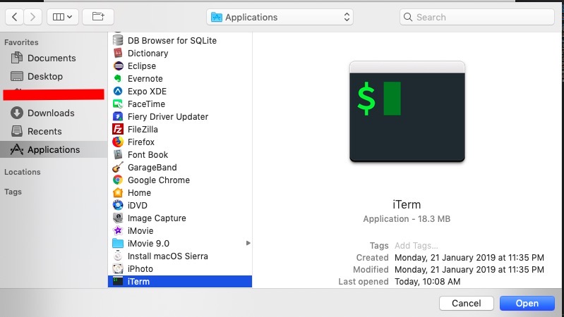 맥(mac) 개발환경 설정 - iTerm full disk access 권한 설정 iTerm 선택