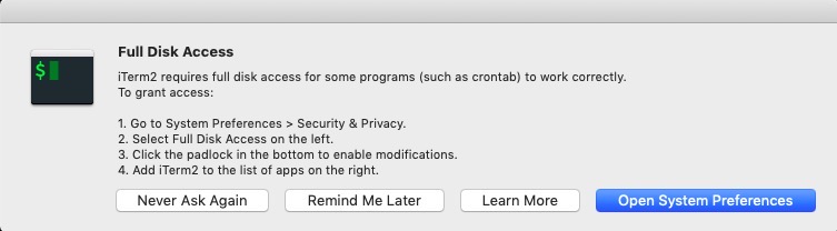 맥(mac) 개발환경 설정 - iTerm full disk access 권한 요청