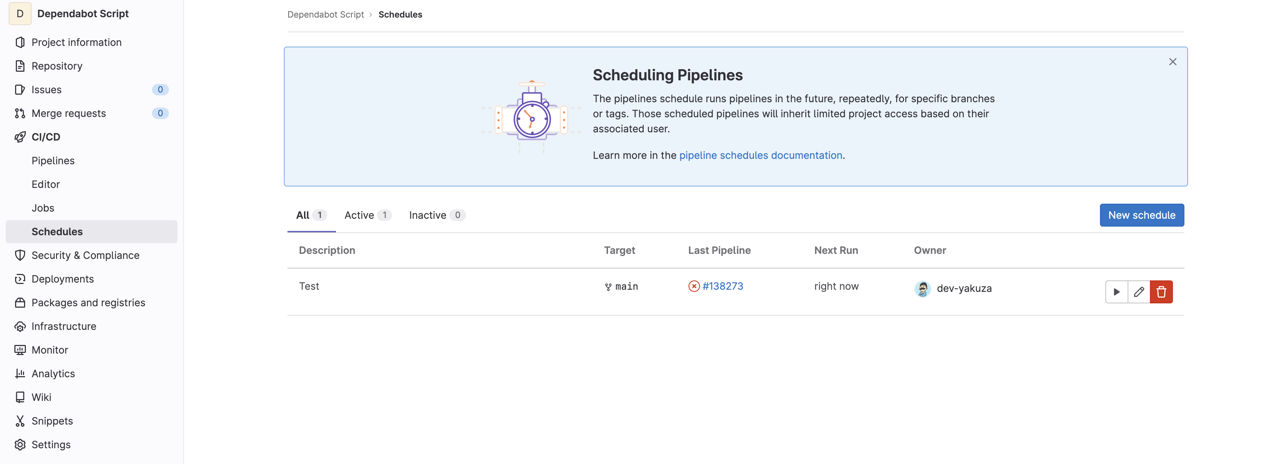 GitLab Dependabot - create a new schedule of pipeline