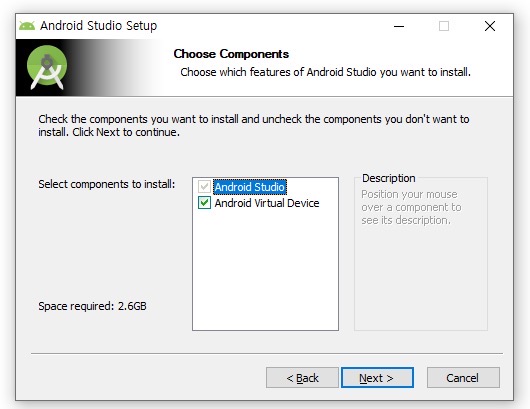 react-native development environment setting - Android studio Choose Components