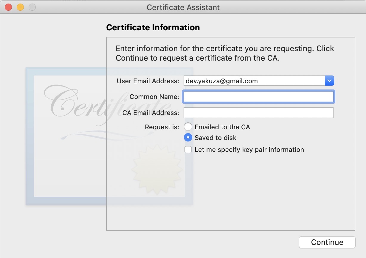 APNS(Apple Push Notification Service) - request a certificate from a certicate authority insert information